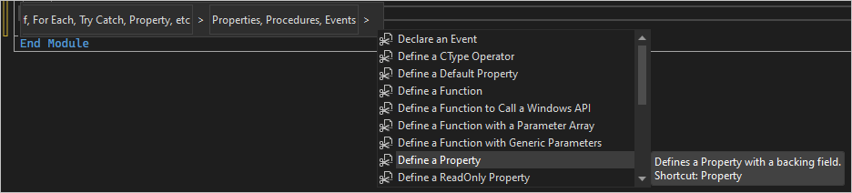 Screenshot of the code snippet menu for Define a Property.