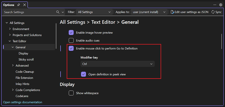 Screenshot of the Text Editor options for the Peek Definition feature.