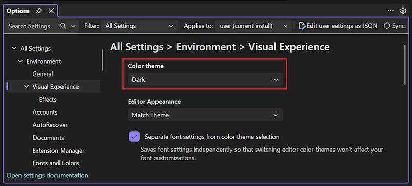 Screenshot of the Options pane where you can change the color theme.