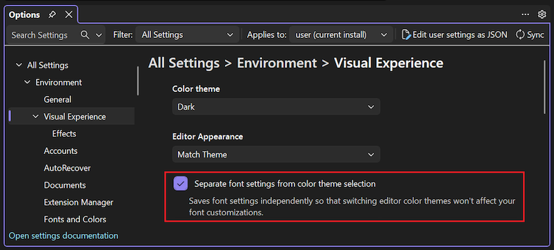 Screenshot of the setting that enables preserving font settings across themes.