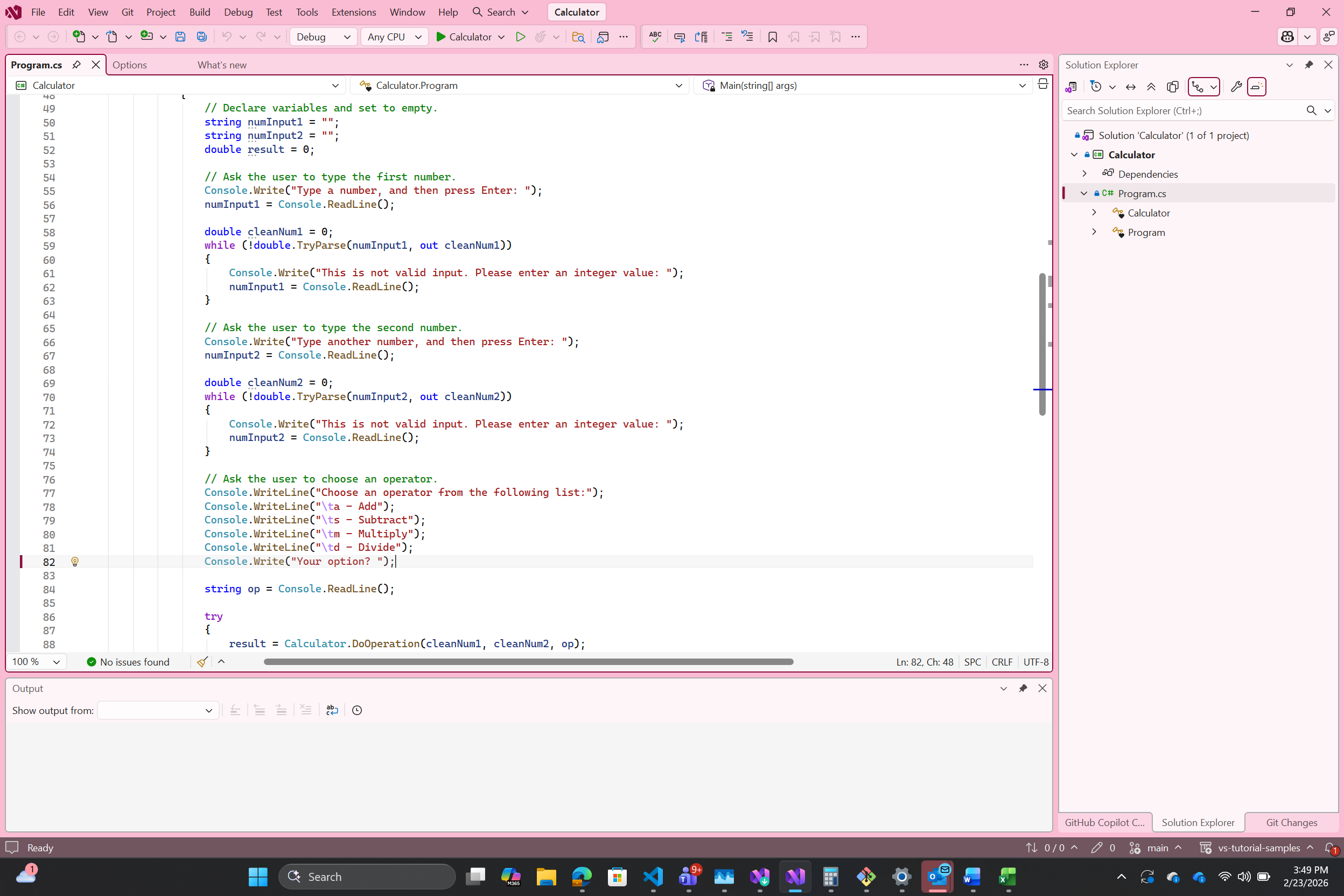 Screenshot of Visual Studio IDE using the Bubblegum theme.