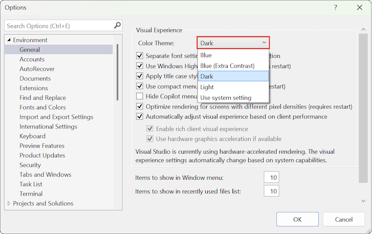 Screenshot of the Options dialog where you can change the color theme.