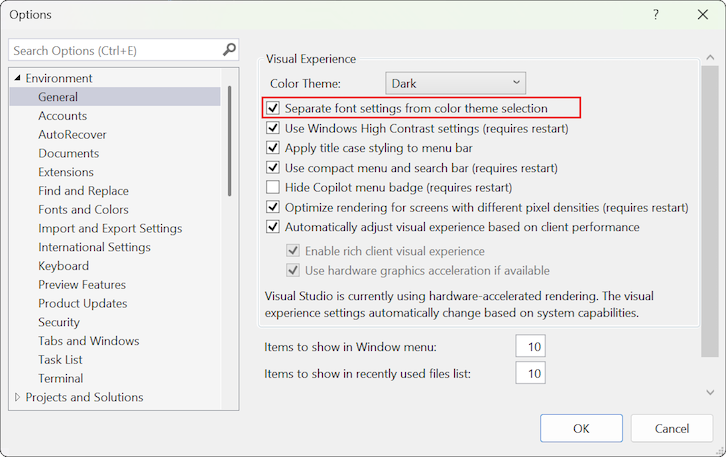 Screenshot of the setting that enables preserving font settings across themes.