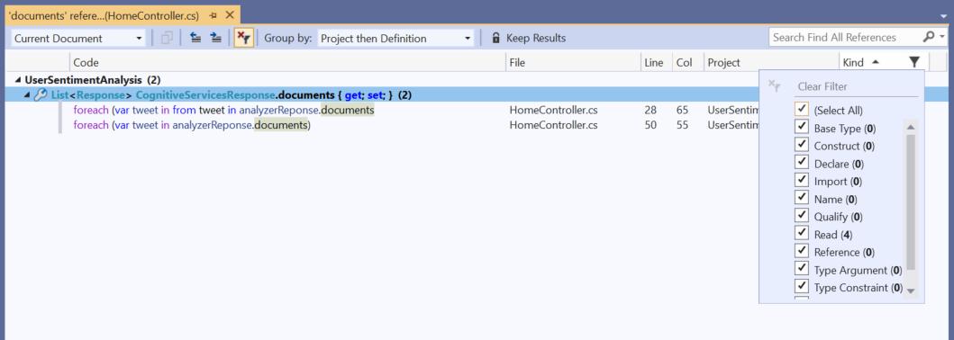Screenshot of the Find References window that highlights the Kind column.