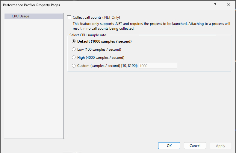 Screenshot that shows settings for CPU Usage.