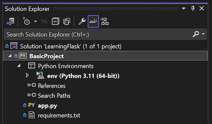 Screenshot that shows the initial Flask project files in Solution Explorer.