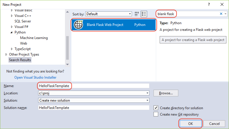 Screenshot that shows how to select the Blank Flask Web Project template to create a new Flask app in Visual Studio.