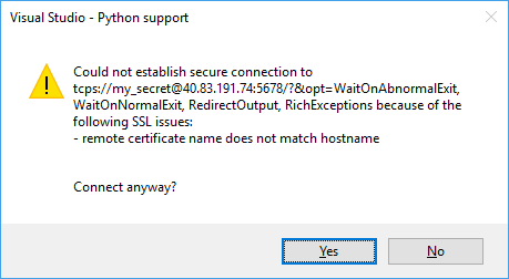 Screenshot of the warning that says the remote SSL certificate doesn't match the hostname.