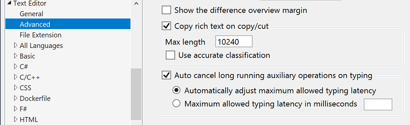 Visual Studio Typing Latency Options