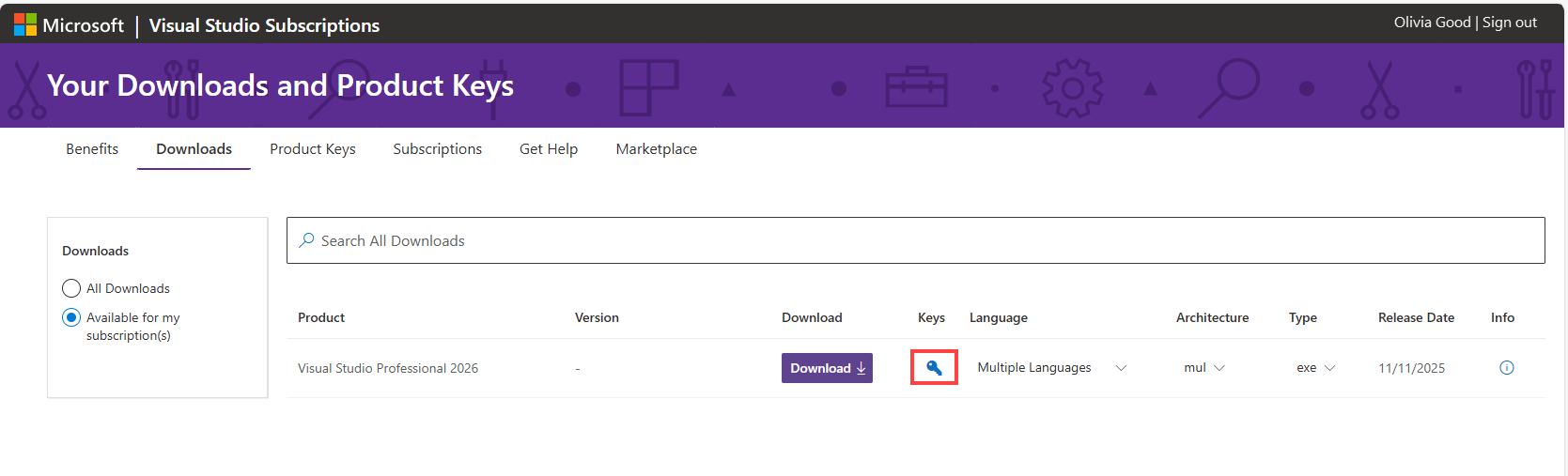 Select Get key on the information page for any download to get a key for that product. Get Key from Downloads Page