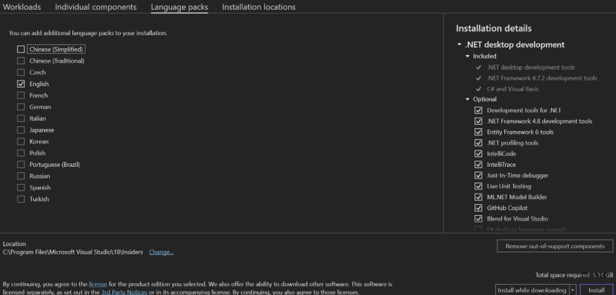 Screenshot showing the languages available in Visual Studio Enterprise 2026 installer. Screenshot showing the "Language packs" tab for Visual Studio Enterprise 2026.