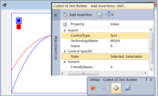 Screenshot of the coded UI test builder main window partially covered by an Add Assertions window with the State property of a Text control selected.