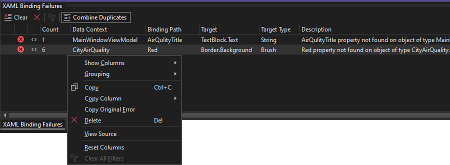 Screenshot of XAML Binding Failures tool window.