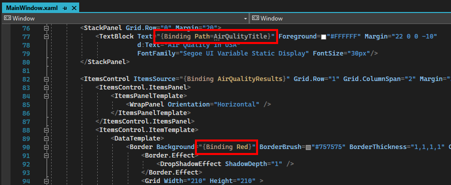 Screenshot of example bindings in the XAML editor.