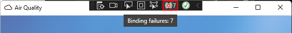 Screenshot of the in-app toolbar showing the binding failures button.
