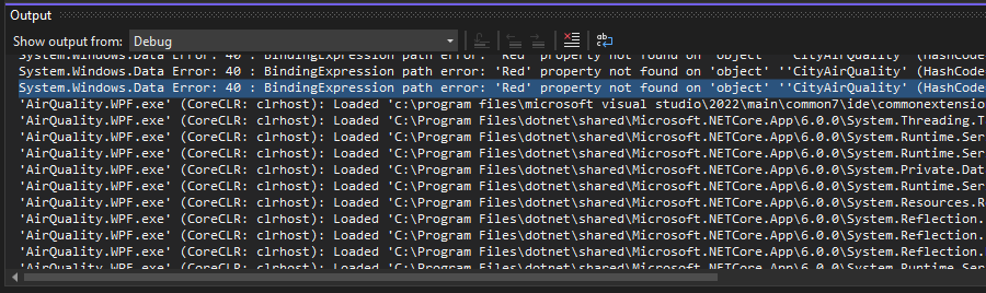Screenshot of the output window containing a binding failure.