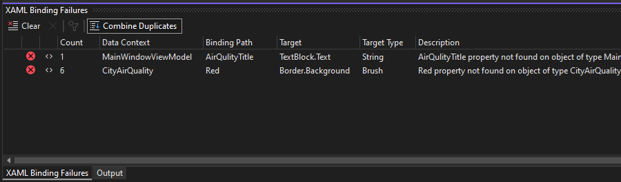 Screenshot of the XAML Binding Failures tool window.
