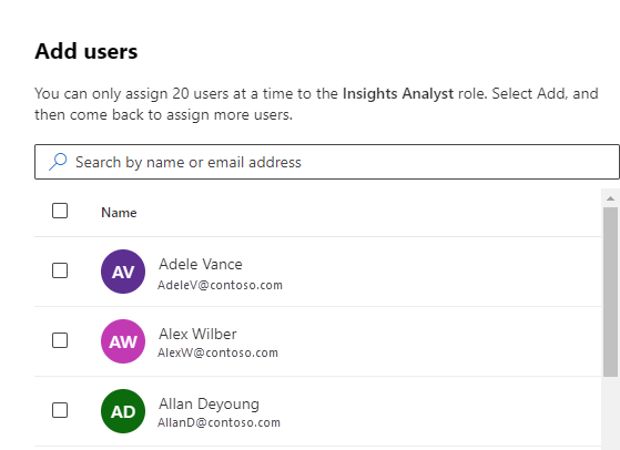 Screenshot that shows the Add users option with three names.