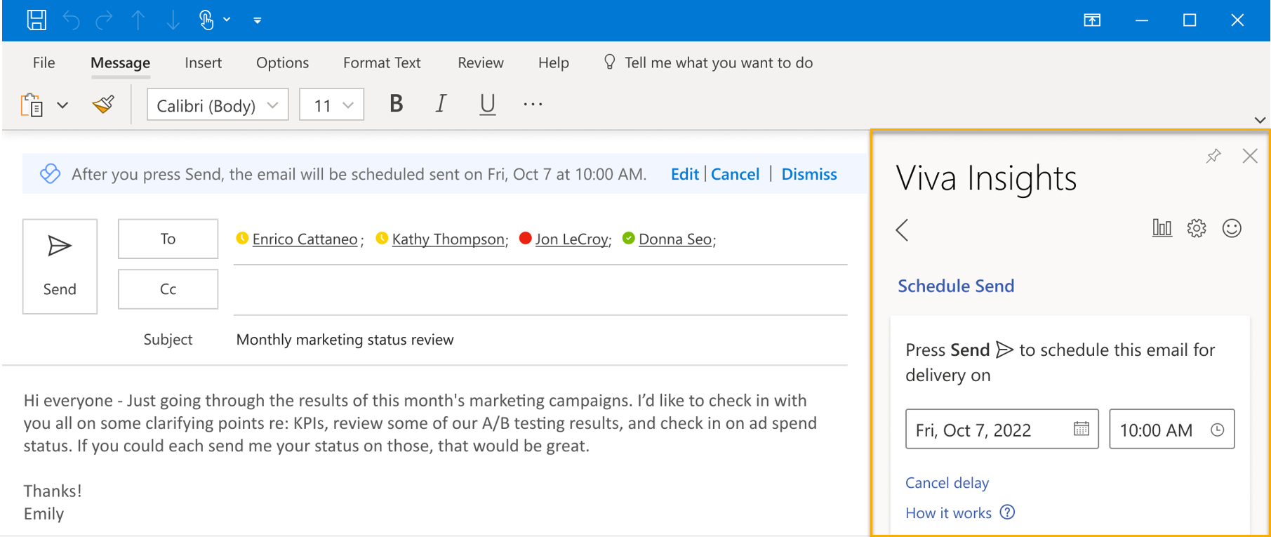 Screenshot that shows a schedule send insight in an Outlook email with options edit the date and time and Cancel delay.