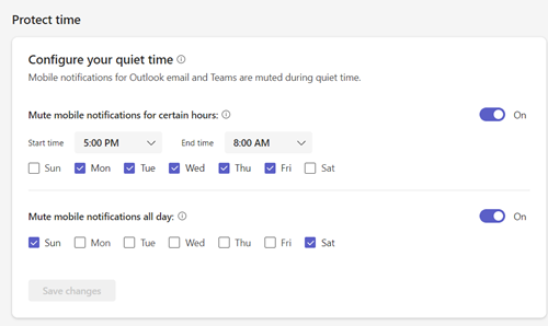 Screenshot that shows the Quiet time settings.