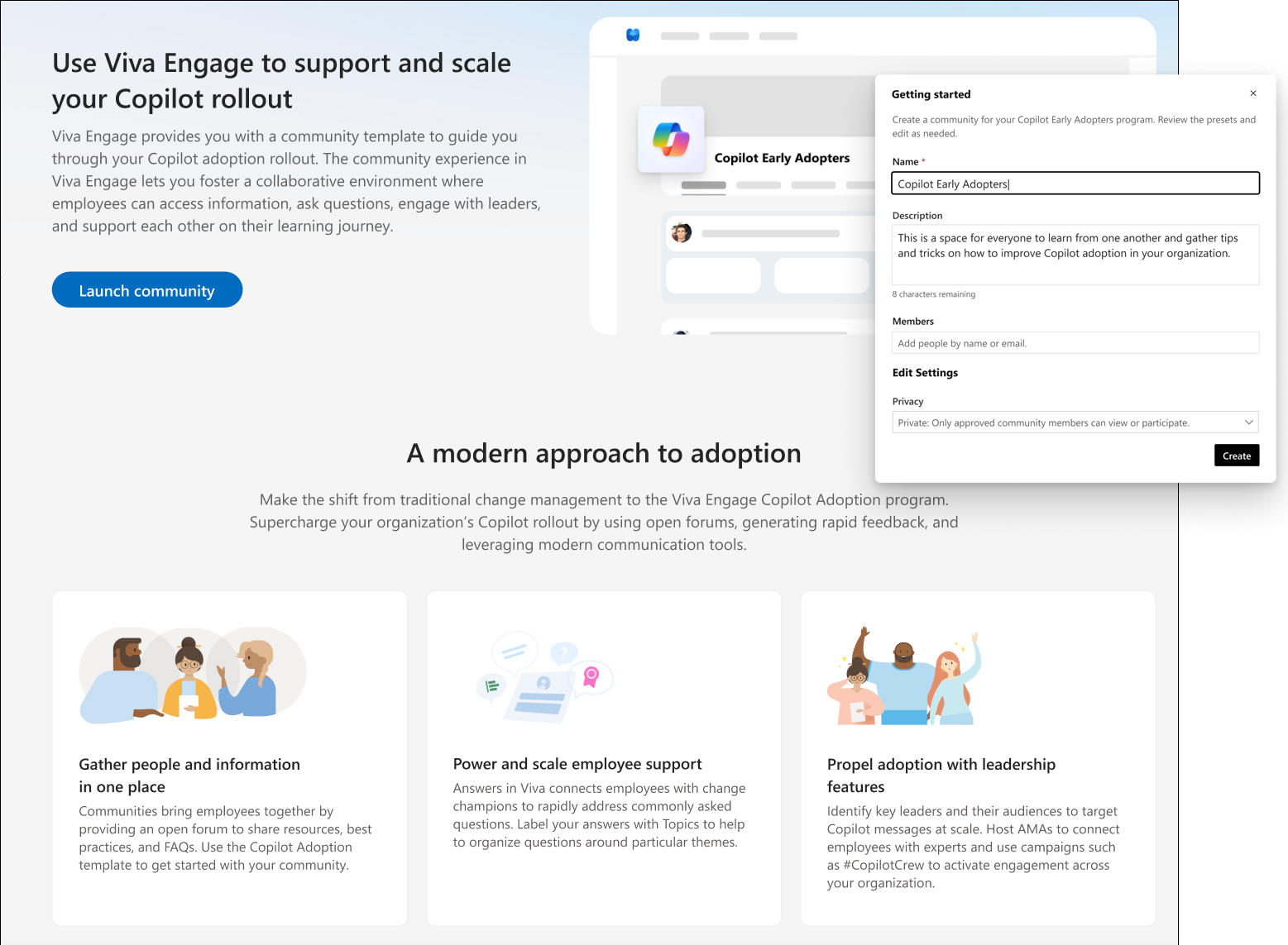 Screenshot shows the landing page where you can create the Microsoft 365 Copilot adoption community.