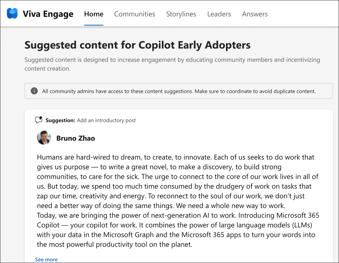 Screenshot shows suggested content that is generated on the Copilot adoption community page=.
