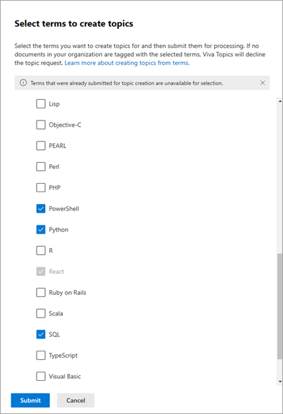 Screenshot showing the Select terms for creating topics panel in the SharePoint admin center for a multiple terms.