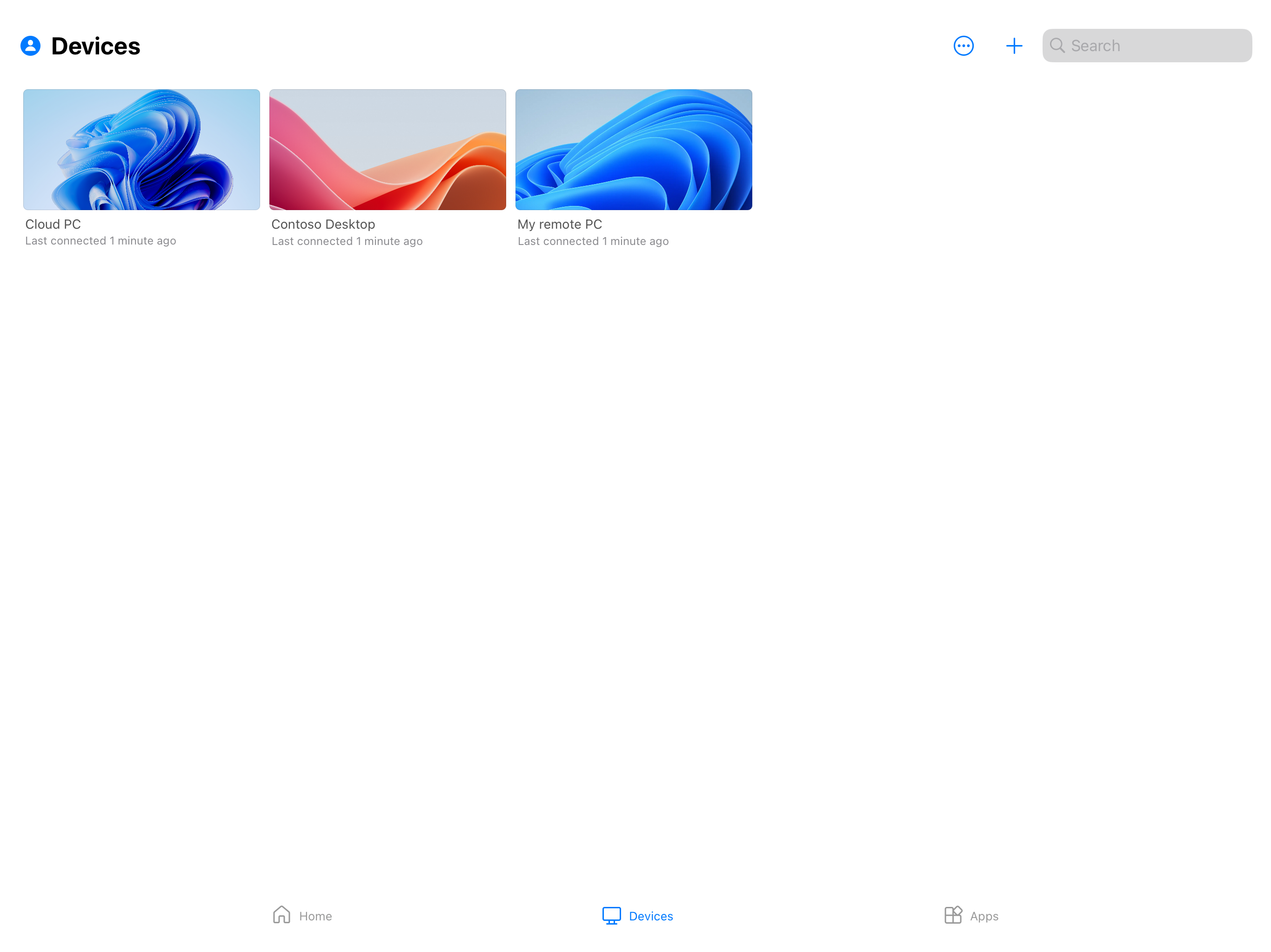 A screenshot showing the devices tab for Windows App on iPadOS with Windows 365.