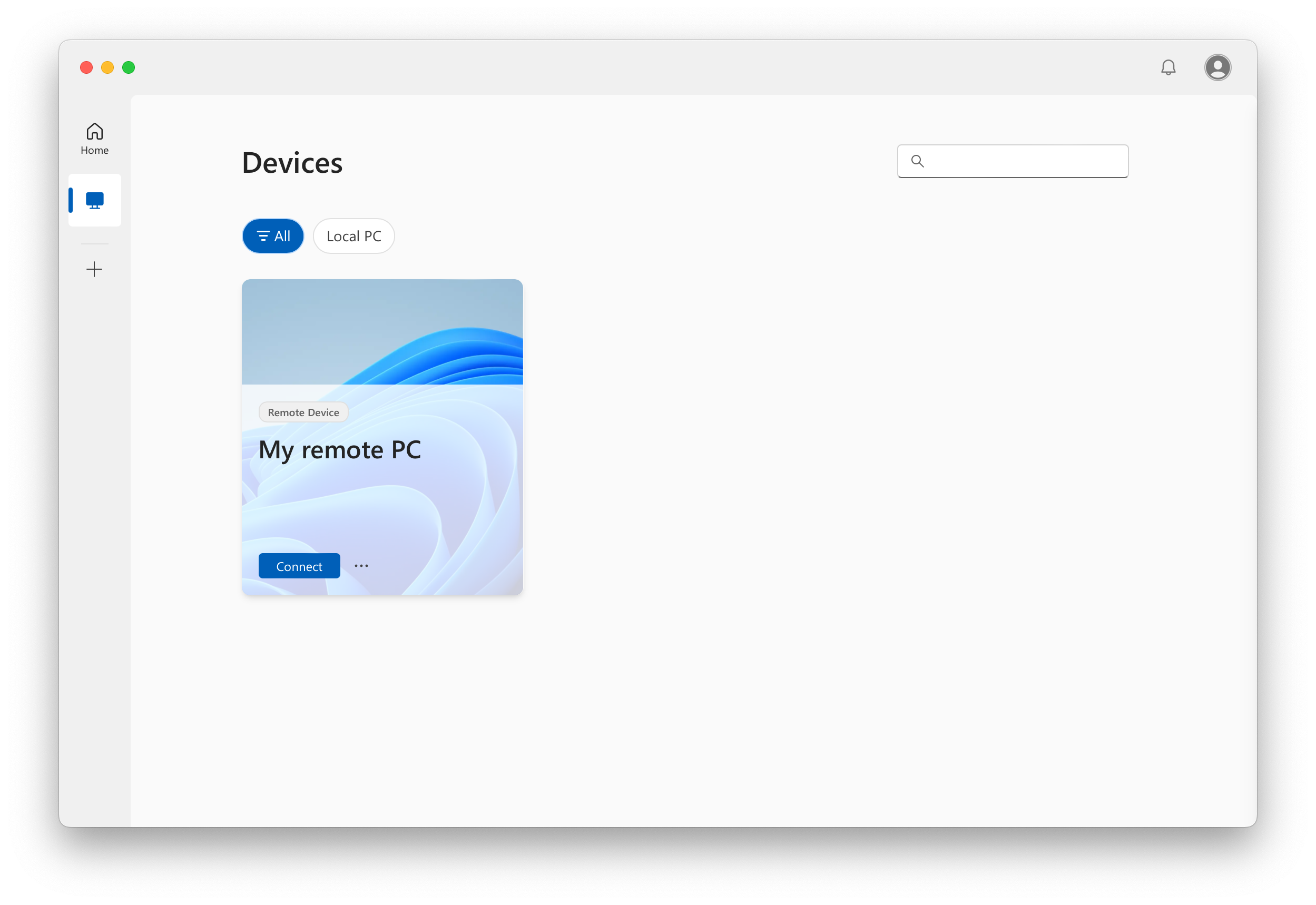 A screenshot showing the devices tab with a remote PC for Windows App on macOS with a remote PC.