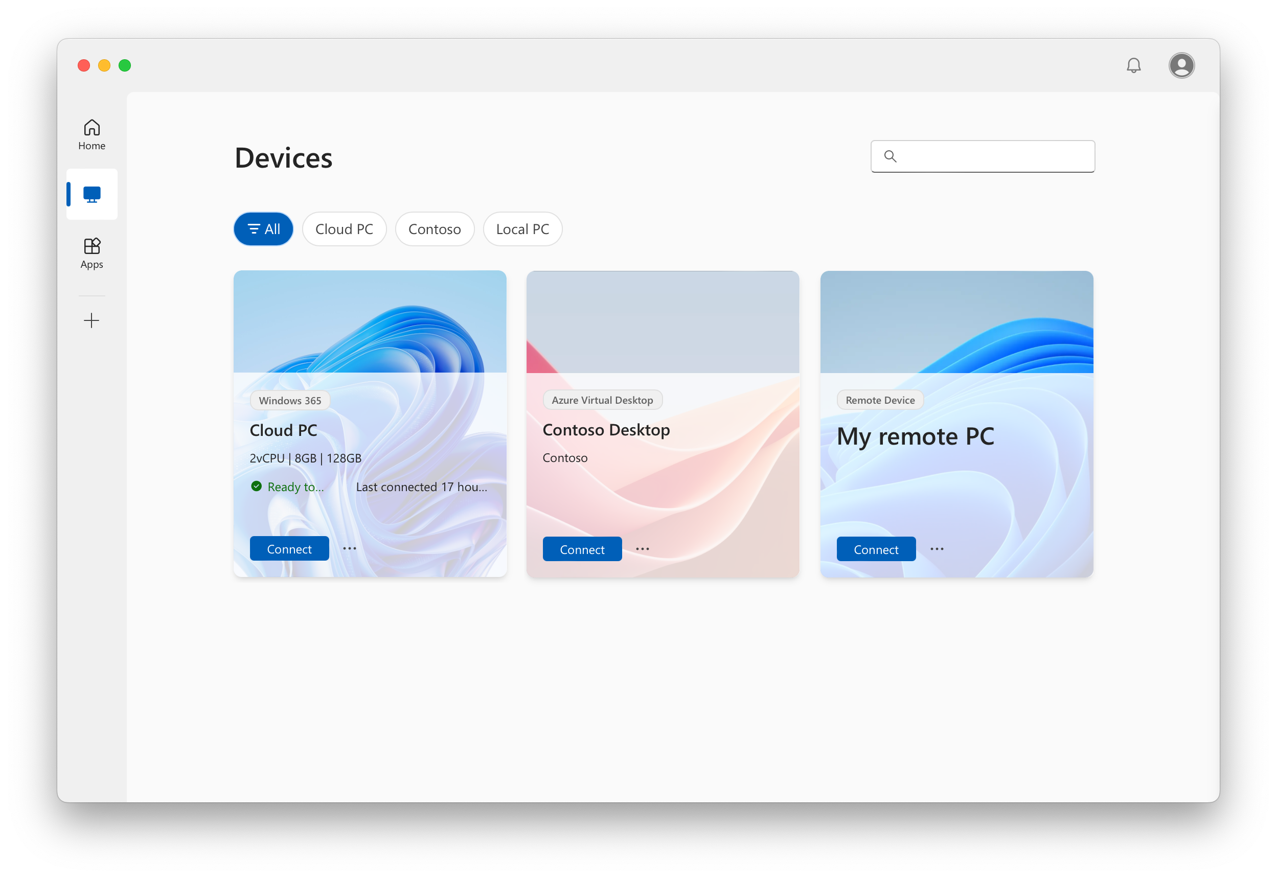 A screenshot showing the devices tab for macOS for Windows App on macOS with Azure Virtual Desktop.