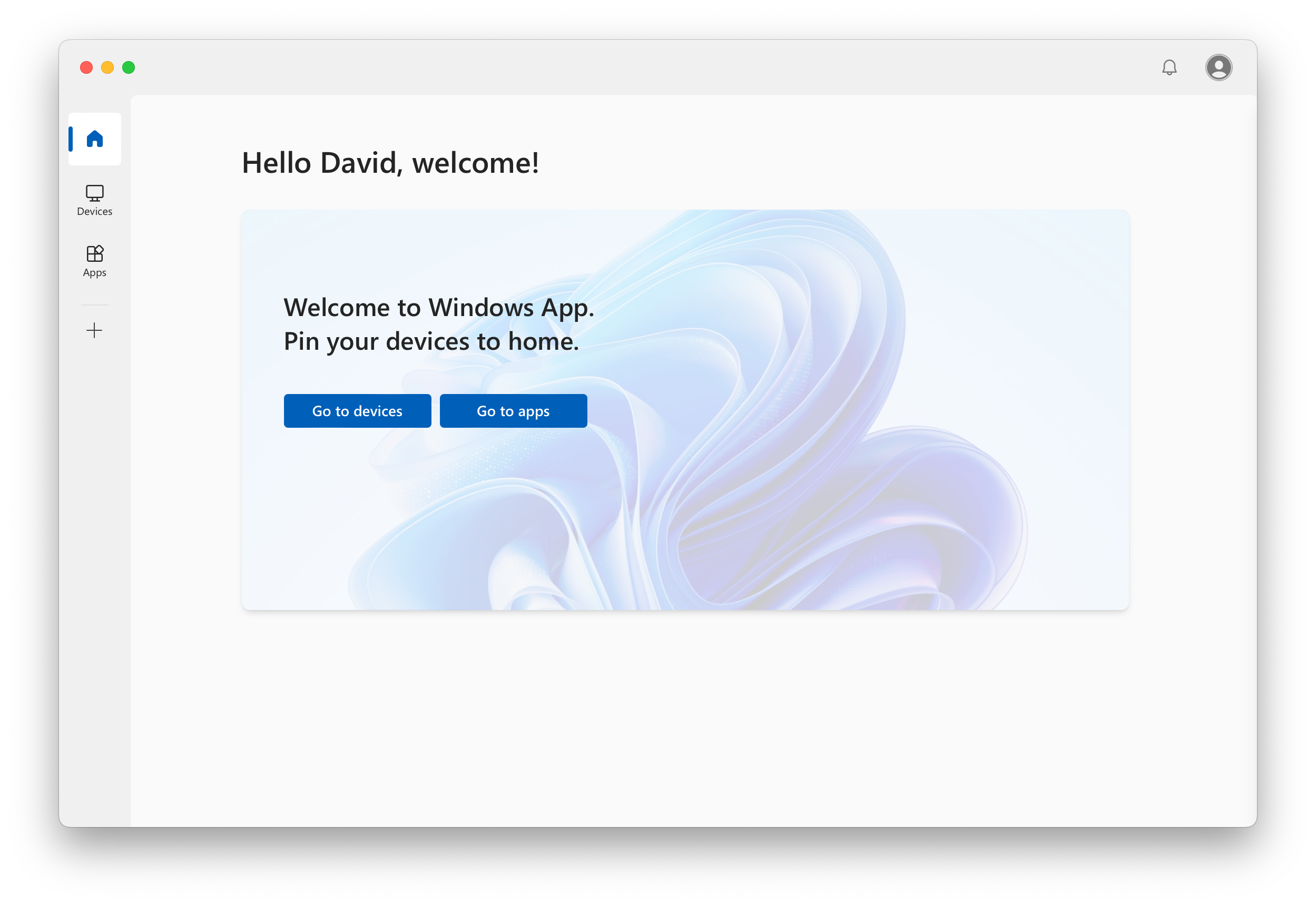 A screenshot showing the home tab for Windows App on macOS with Azure Virtual Desktop.