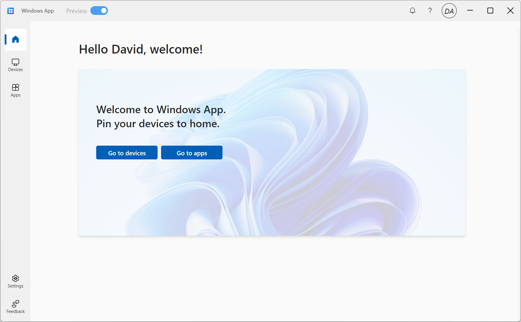 A screenshot showing the home tab for Windows App on Windows with Windows 365.
