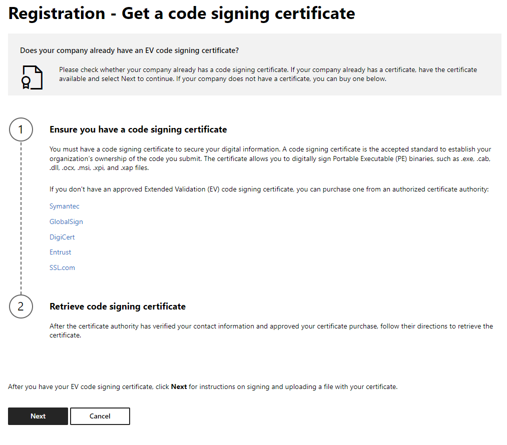 Screenshot of the 'Get a code signing certificate' section in the Hardware Developer Program registration process.