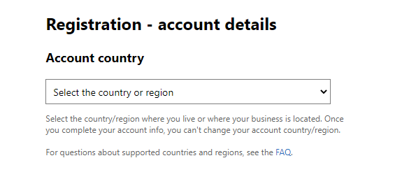 Screenshot of the Account country page of the Hardware Developer Program registration process. 