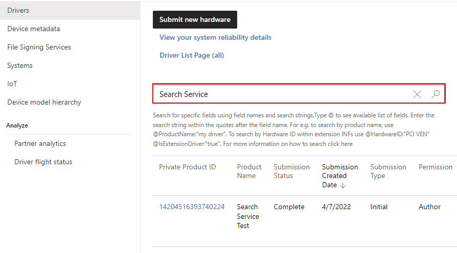 Screenshot of the Drivers page in the hardware dashboard, with 'Search Service' entered into the search text box.'