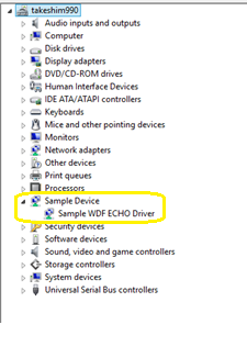 Screenshot of Device Manager tree highlighting the sample WDF echo driver.