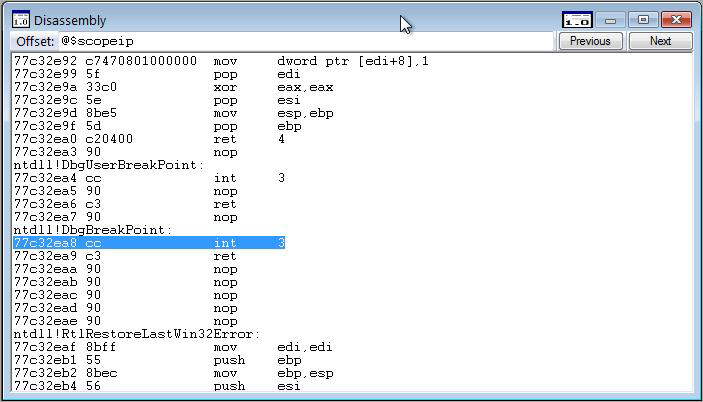 Screenshot of the Disassembly window in WinDbg.
