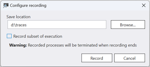 Screenshot of Configure Recording dialog with Browse button and file path displayed.
