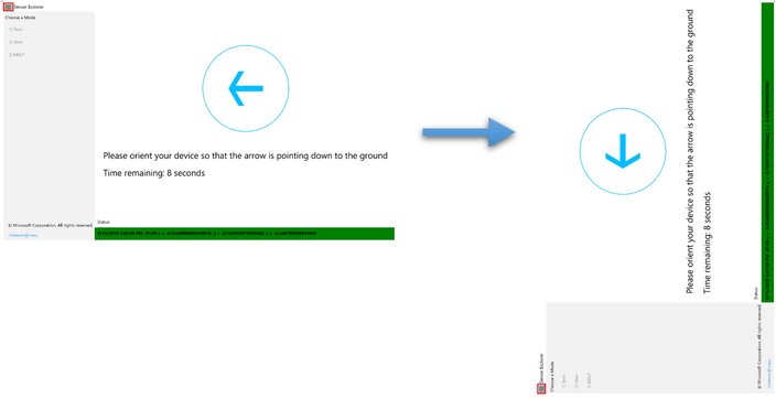 Screenshot of the SensorExplorer orientation tests.