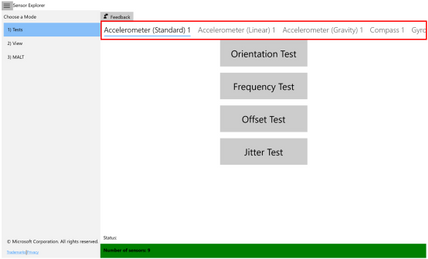 Screenshot showing the SensorExplorer accelerometer tests screen.