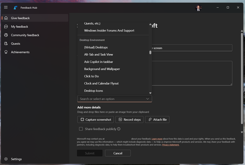 Selecting a category while giving new feedback.