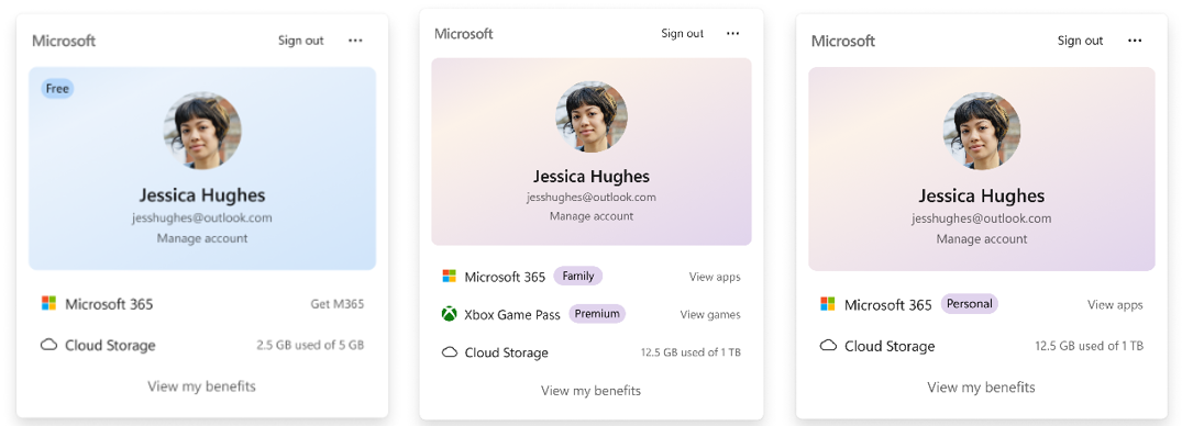 UI showing the refreshed Account Control flyout with subscription badges, account benefits, and storage details