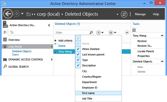 Screenshot that shows where to add, modify, or reorder the column headers to provide more detail when evaluating which objects to recover.