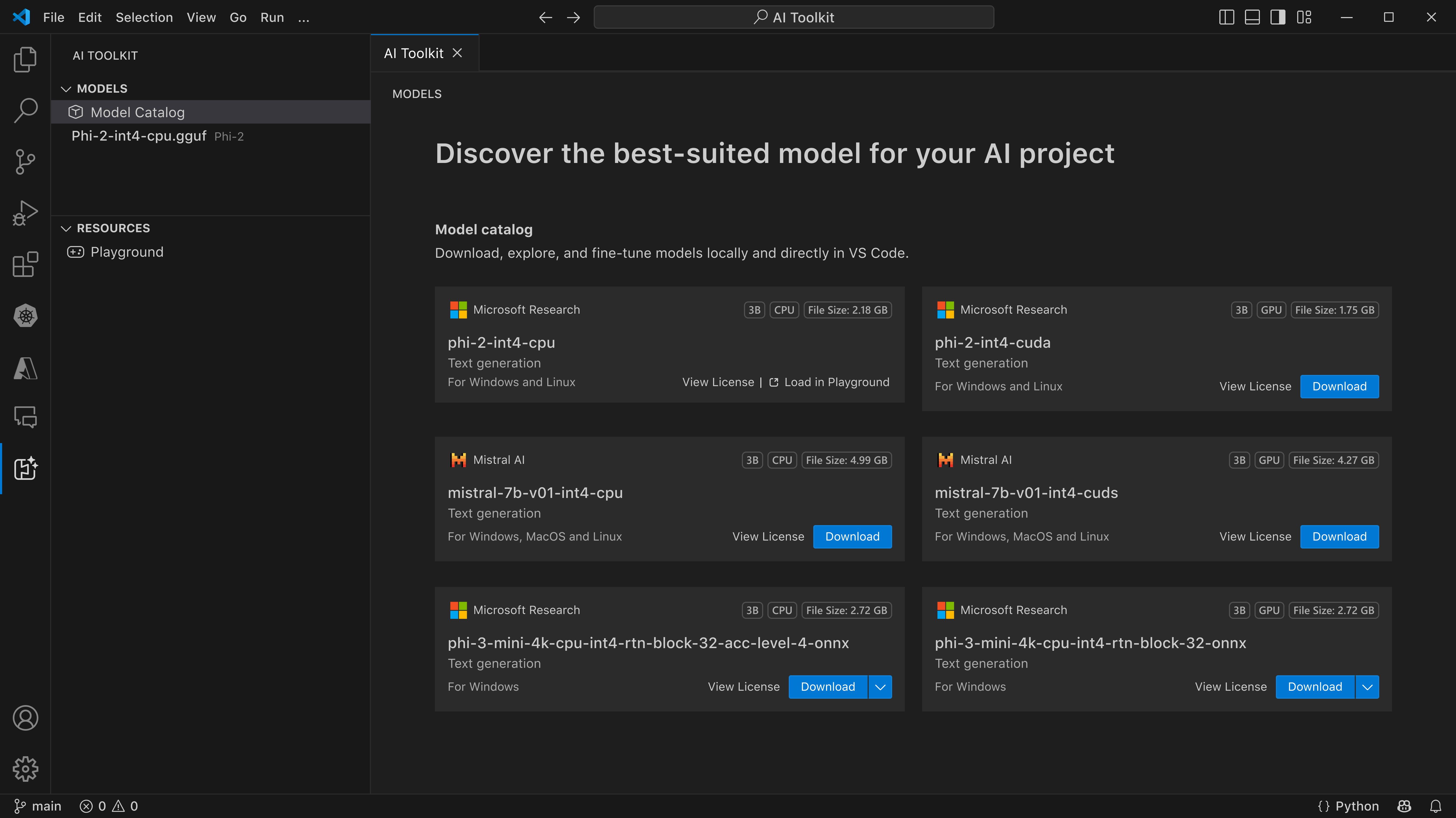 AI Toolkit model catalog