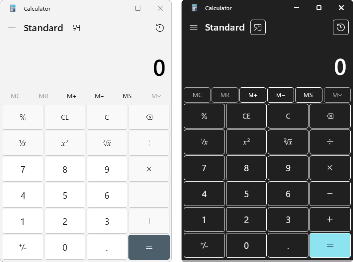 Calculator shown in Light theme and Aquatic contrast theme.