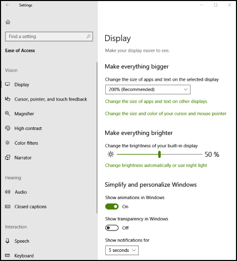 Ease of Access page in the Windows settings app