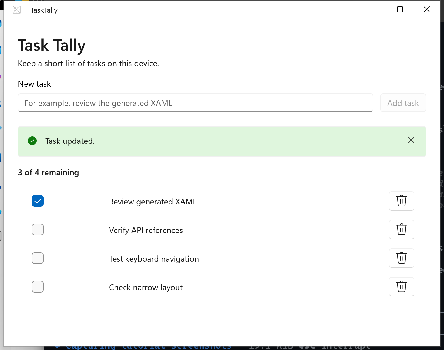 The finished Task Tally app showing four tasks, one completed task, the remaining task count, and a successful update message.