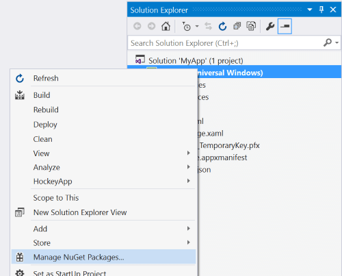 Screenshot of the Solution Explorer panel with the project right-clicked and the Manage NuGet Packages option highlighted.