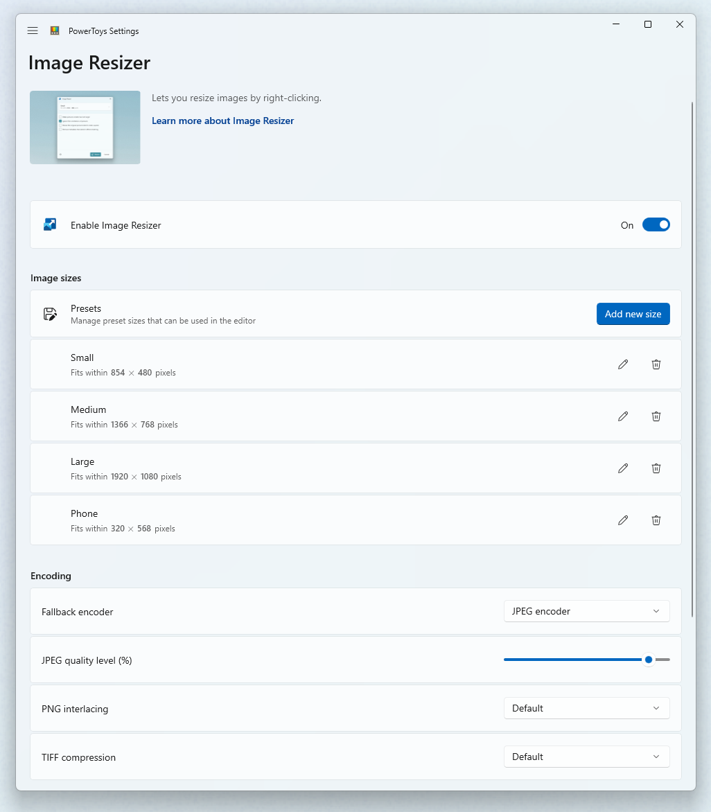 PowerToys Image Resizer Settings