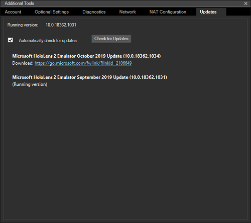 HoloLens Emulator 'Updates' tab
